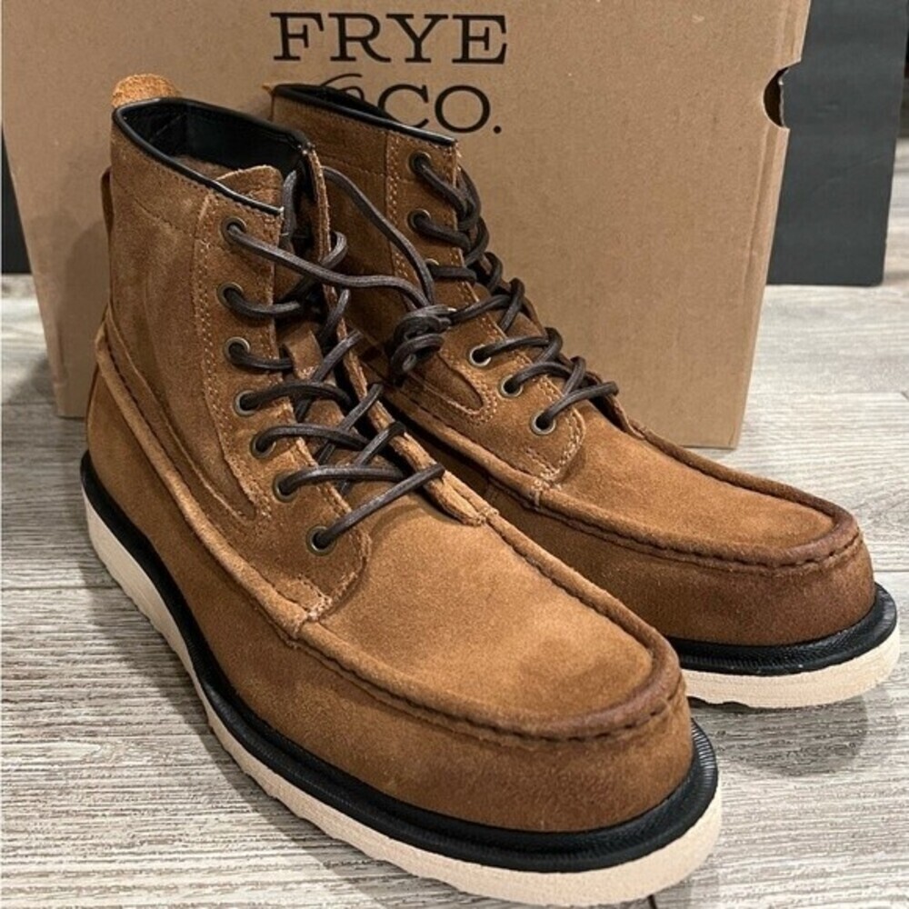 NWT Frye and Co Montana Waxed Suede Moc Toe Wedge Boots 9.5 M Tan Brown - Picture 6 of 11